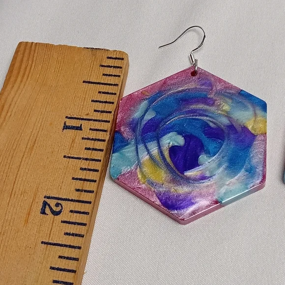 Hand Crafted Multicolor Hexagon Earrings - Picture 3 of 4